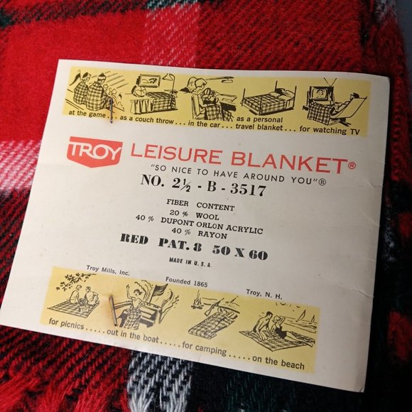 Troy Leisure Blanket Wool Blend Red Plaid Fringe NOS USA Made No 2 1/2 B 3517 - Picture 8 of 16
